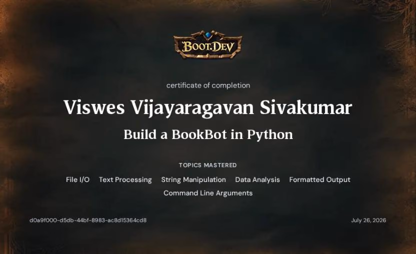Build a BookBot in Python certificate from Boot.dev