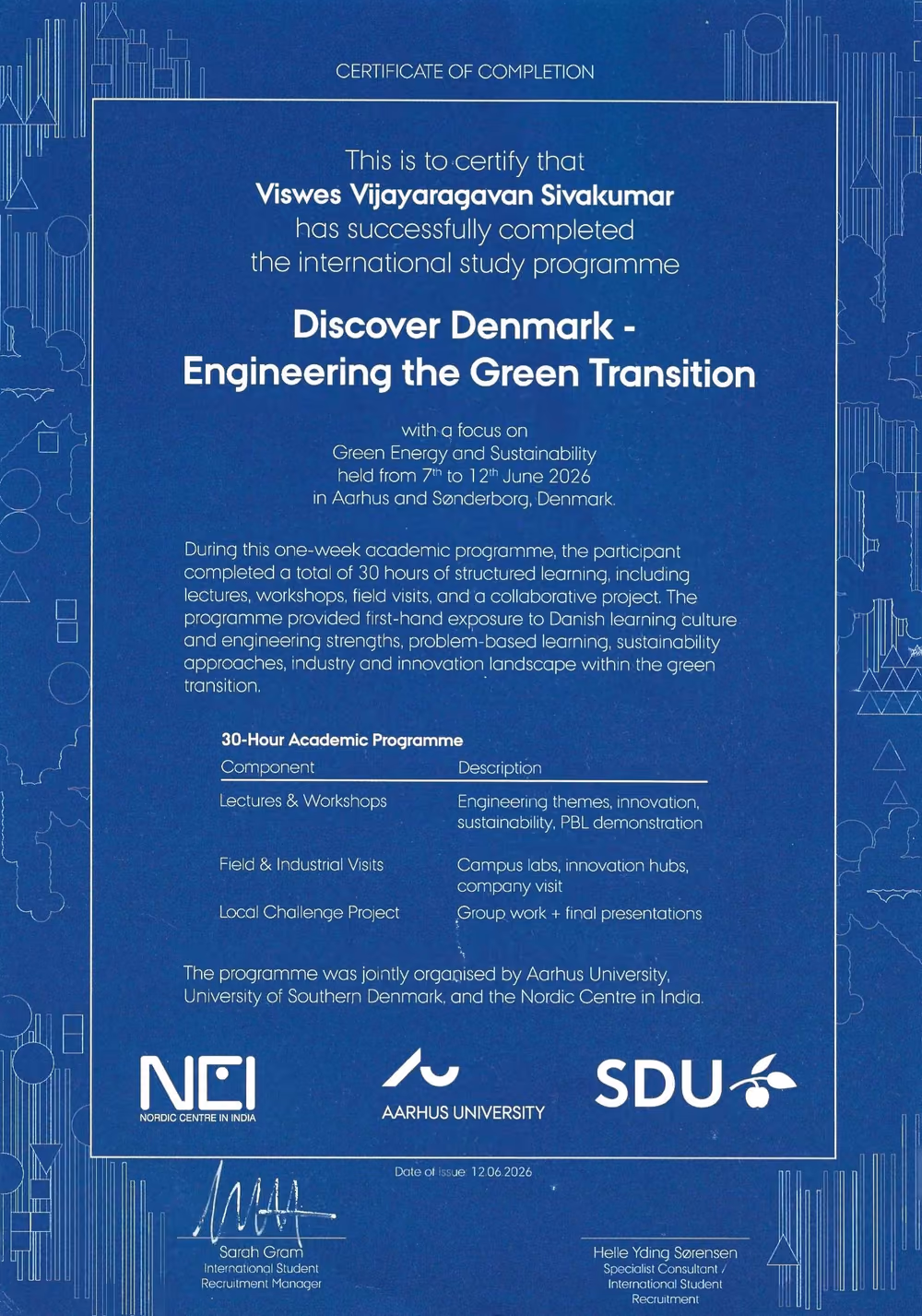 Discover Denmark — Engineering the Green Transition certificate from Aarhus University & University of Southern Denmark
