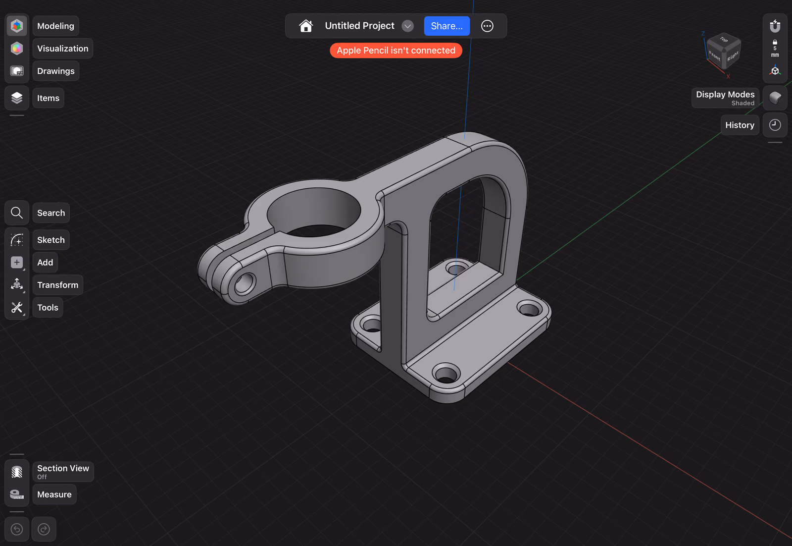 Shapr3D modelling a mechanical bracket with a clamp collar and mounting flange